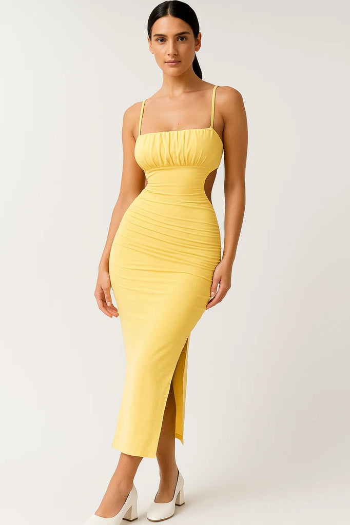 Ruched Bodycon Midi Dress with Thin Straps | Stretch Fit, Figure-Sculpting Silhouette