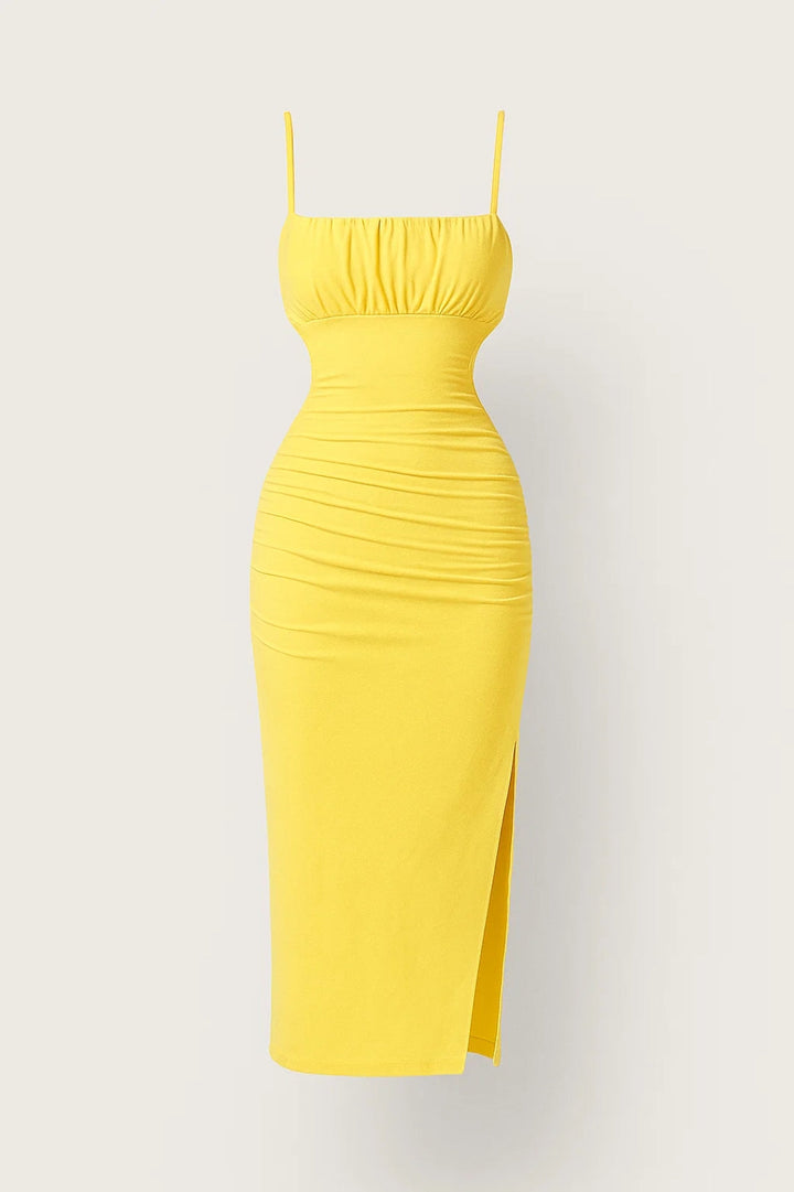 Ruched Midi Dress – Bodycon Stretch Fit with Thin Straps