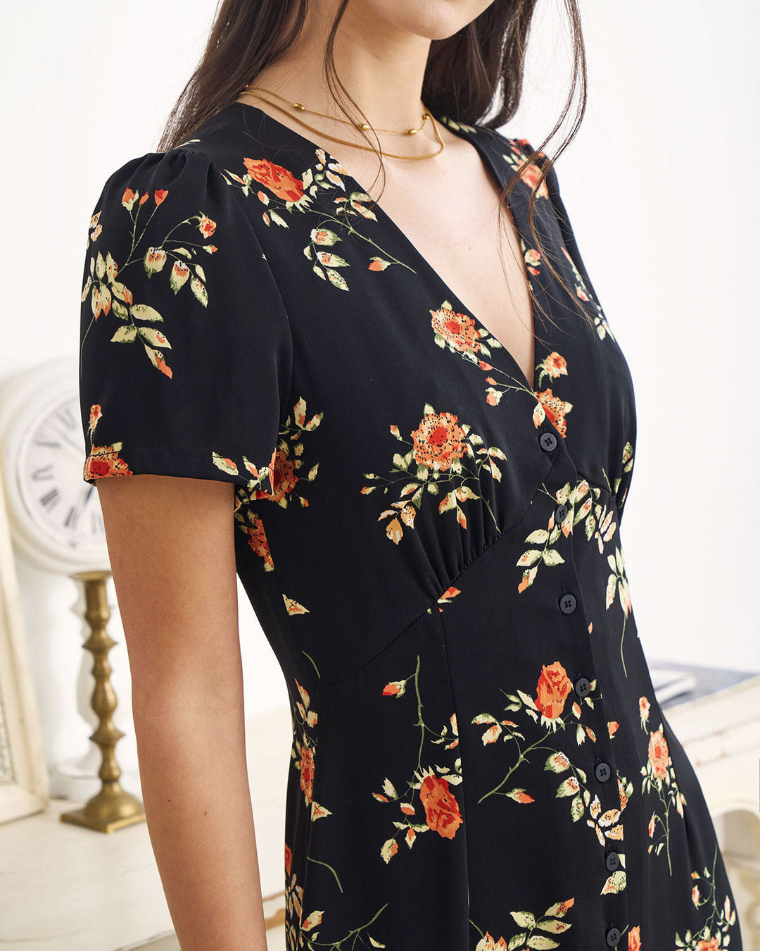 Women's Floral Maxi Dress V-Neck Short Sleeve – Slim Fit Feminine