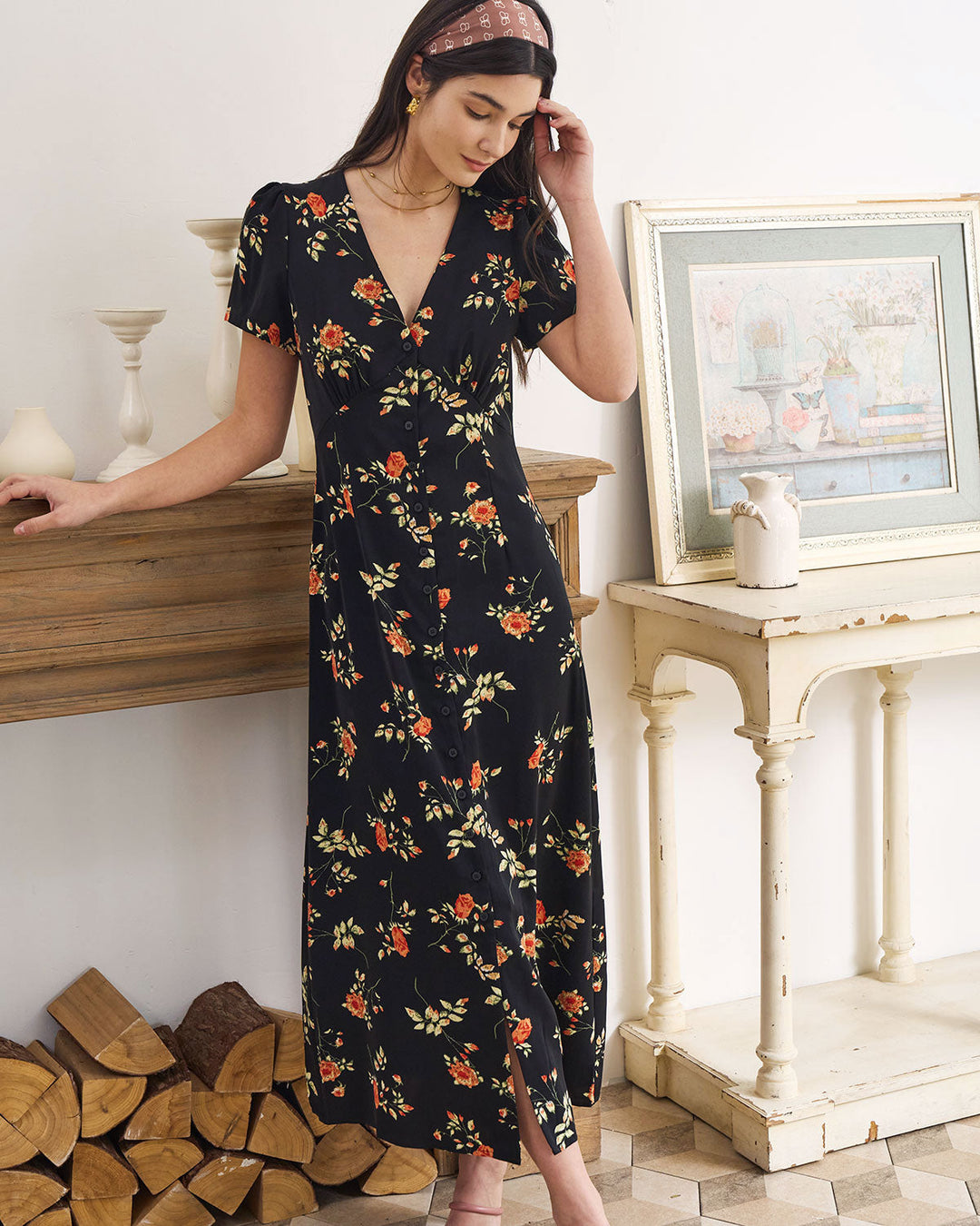 Women's Floral Maxi Dress V-Neck Short Sleeve – Slim Fit Feminine