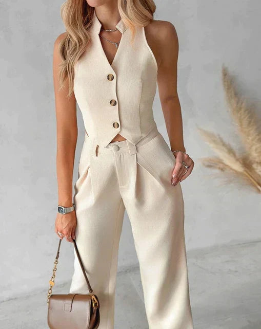 Women's Sleeveless Waistcoat Wide Leg Trouser Set – Button-Front