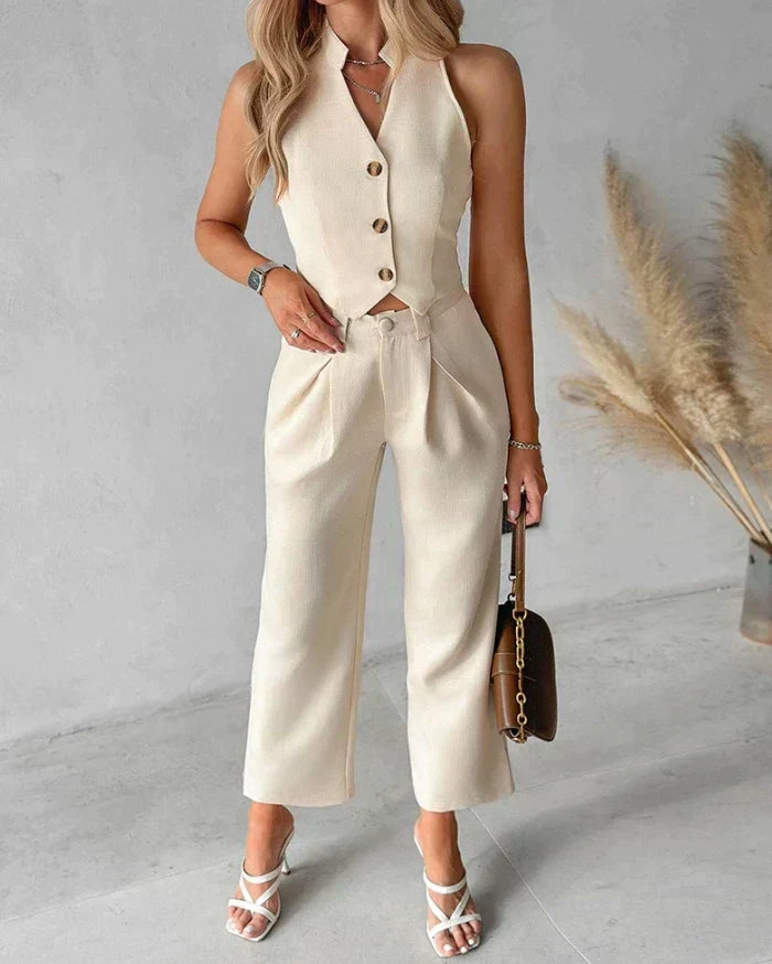 Women's Sleeveless Waistcoat Wide Leg Trouser Set – Button-Front