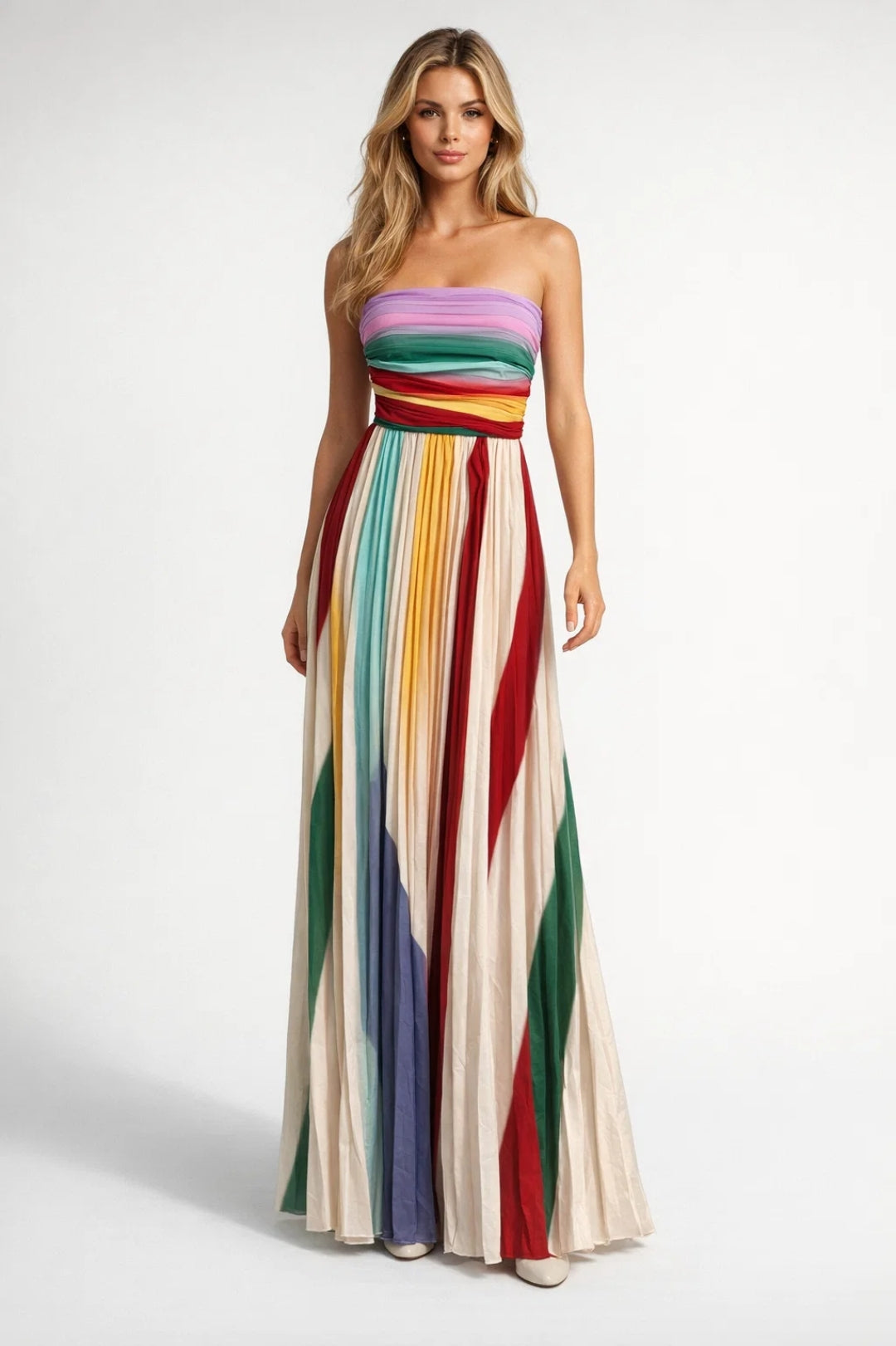 Strapless Maxi Dress – Colorful Vertical Stripe Print | Summer