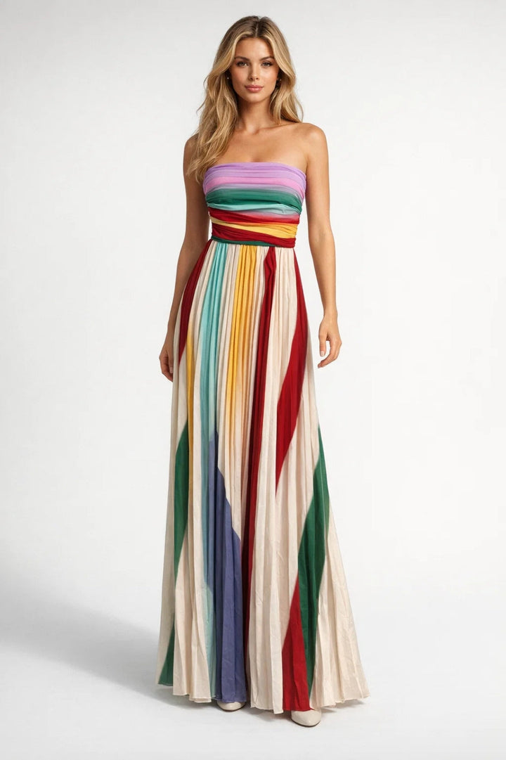 Strapless Maxi Dress – Colorful Vertical Stripe Print | Summer
