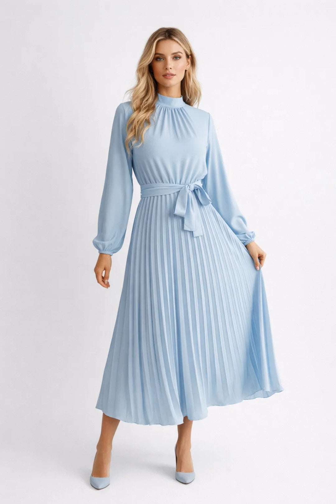 Pleated Midi Dress – Women's Long Sleeve Belted Silhouette