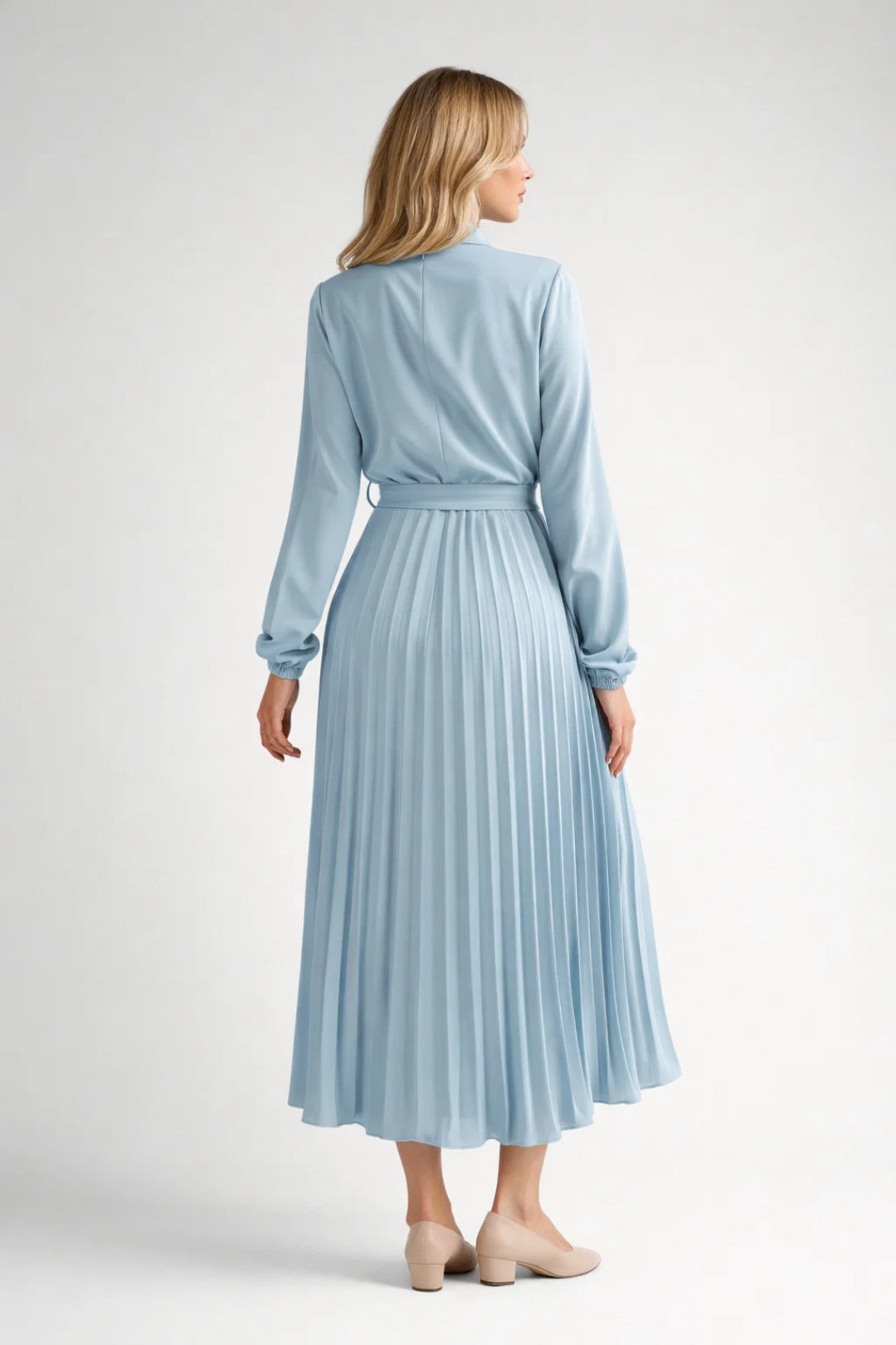 Pleated Midi Dress – Women's Long Sleeve Belted Silhouette