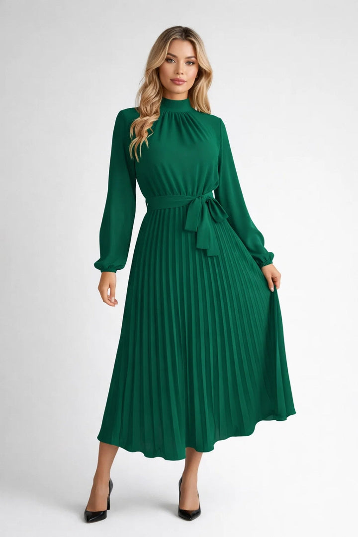 Pleated Midi Dress – Women's Long Sleeve Belted Silhouette