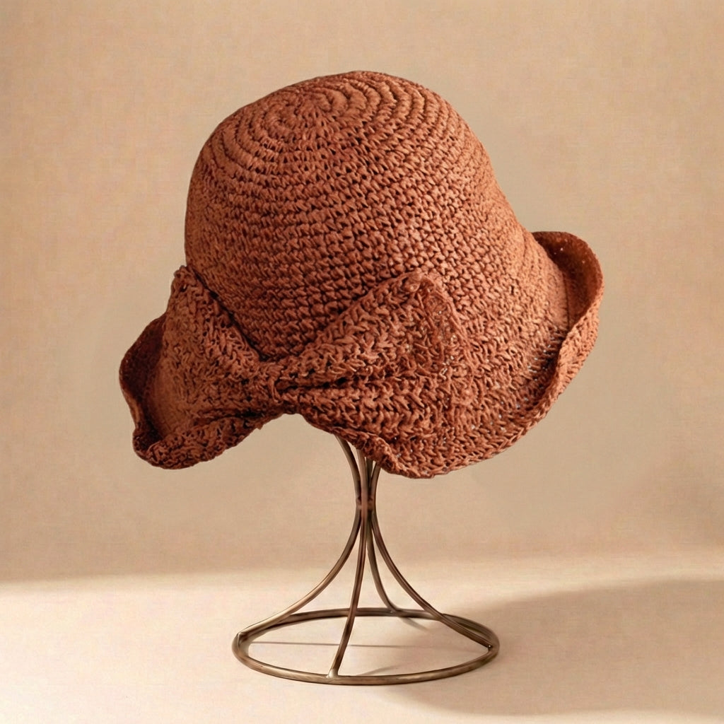 Wide Brim Sun Hat for Women – Braided Texture with Bow Detail