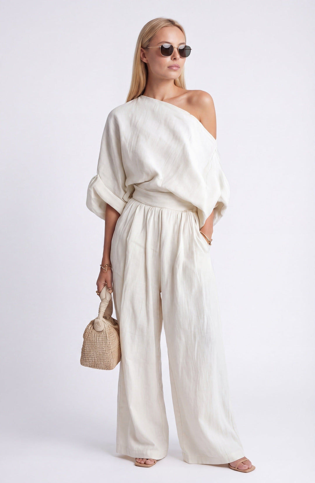 Linen Two Piece Set Women – Draped Blouse & Wide Leg Trousers