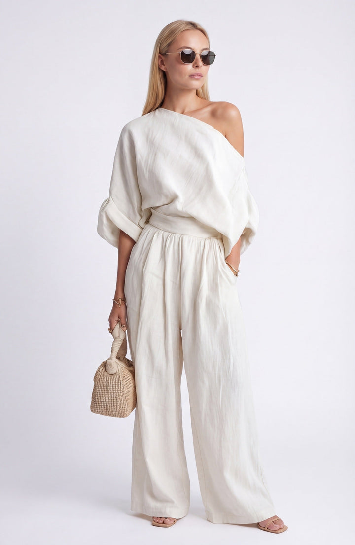 Linen Two Piece Set Women – Draped Blouse & Wide Leg Trousers