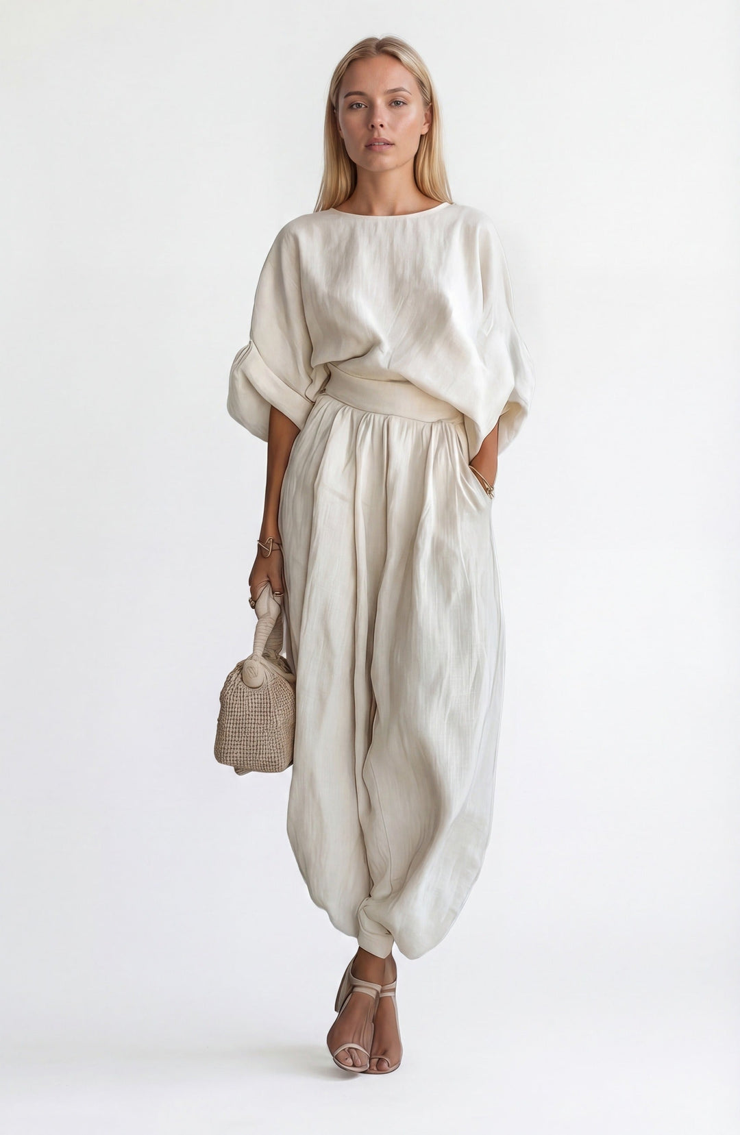 Linen Two Piece Set Women – Draped Blouse & Wide Leg Trousers