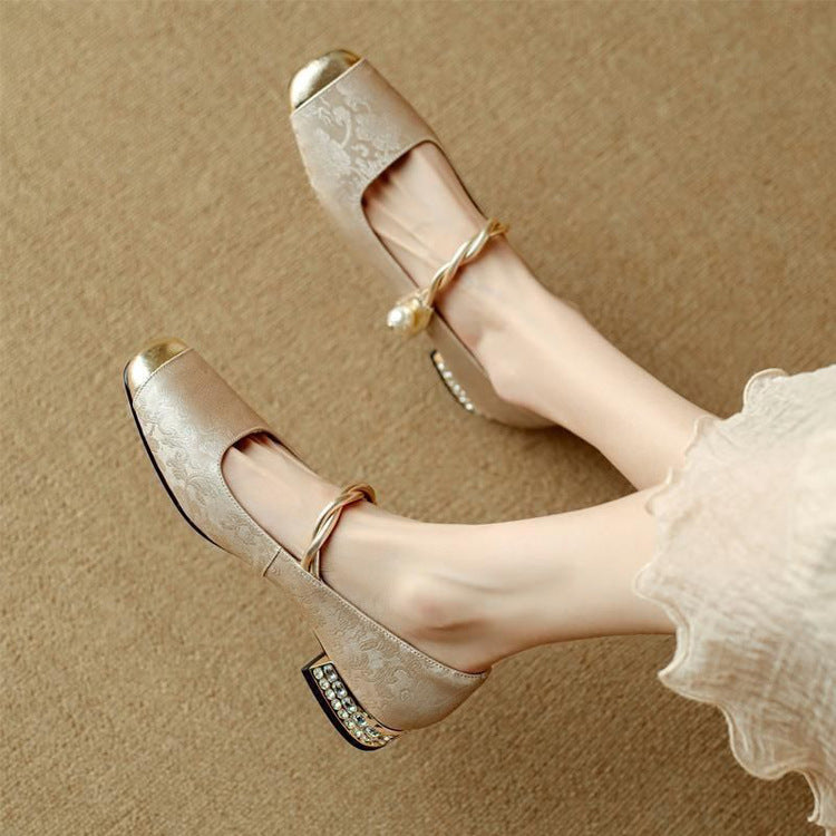 Women's Jacquard Mary Jane Pumps – Pearl Strap Crystal Square Heel