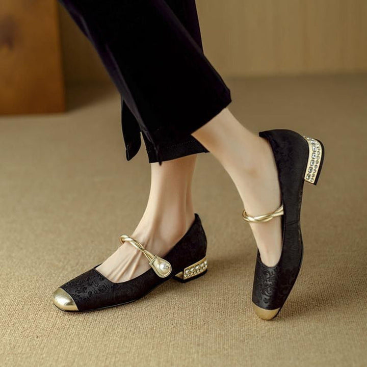 Women's Jacquard Mary Jane Pumps – Pearl Strap Crystal Square Heel