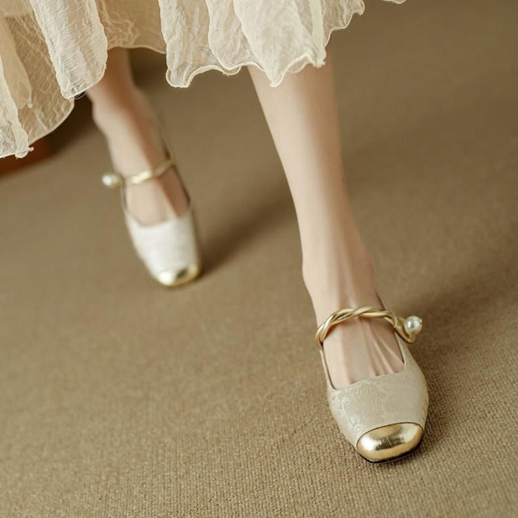 Women's Jacquard Mary Jane Pumps – Pearl Strap Crystal Square Heel