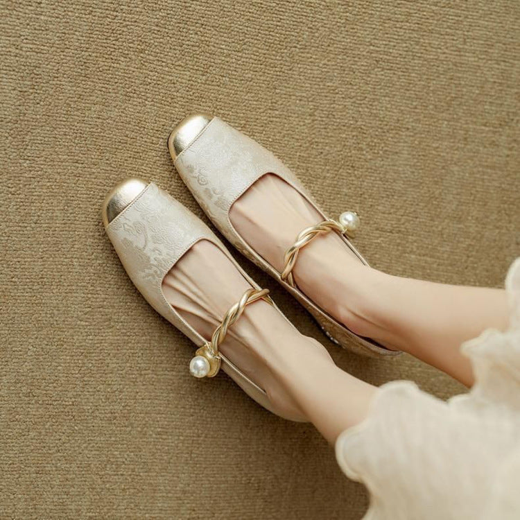 Women's Jacquard Mary Jane Pumps – Pearl Strap Crystal Square Heel
