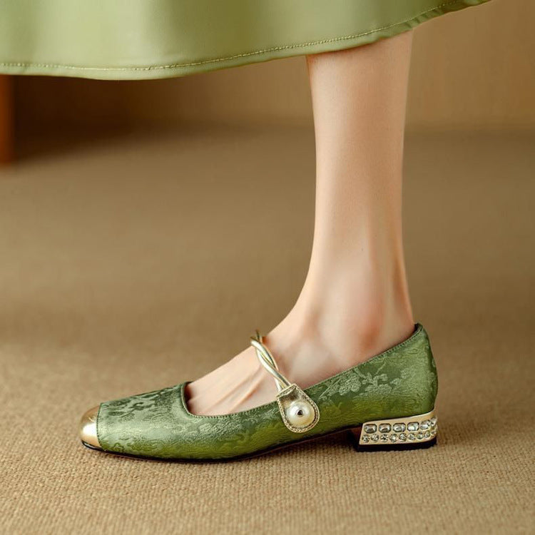 Women's Jacquard Mary Jane Pumps – Pearl Strap Crystal Square Heel