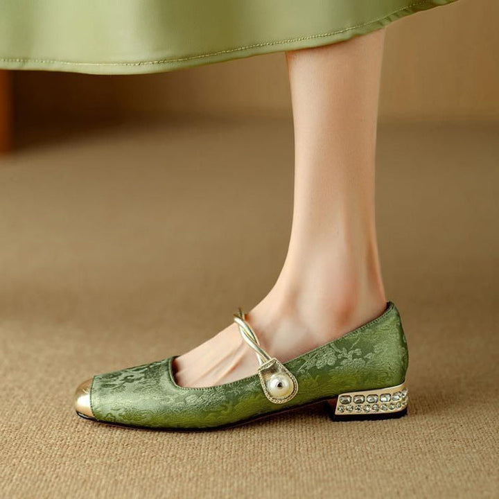 Women's Jacquard Mary Jane Pumps – Pearl Strap Crystal Square Heel