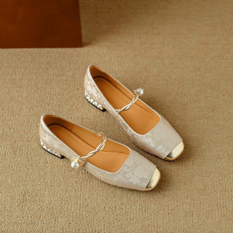 Women's Jacquard Mary Jane Pumps – Pearl Strap Crystal Square Heel