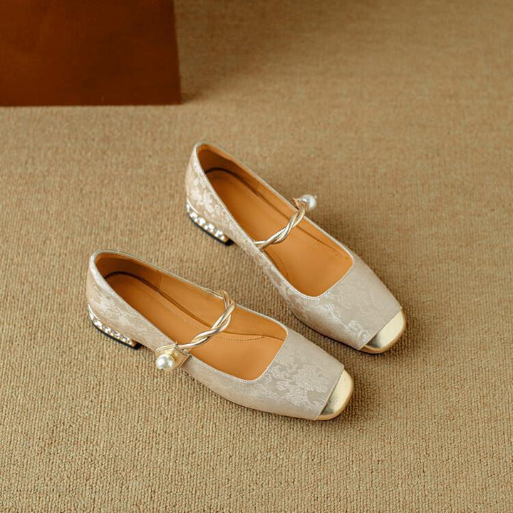 Women's Jacquard Mary Jane Pumps – Pearl Strap Crystal Square Heel