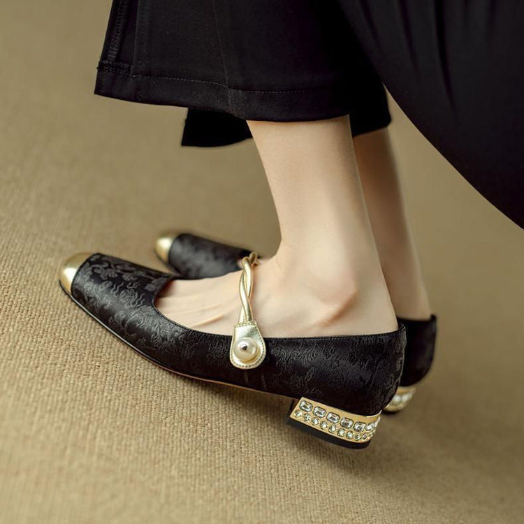 Women's Jacquard Mary Jane Pumps – Pearl Strap Crystal Square Heel