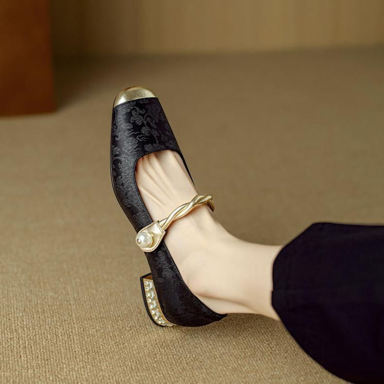 Women's Jacquard Mary Jane Pumps – Pearl Strap Crystal Square Heel
