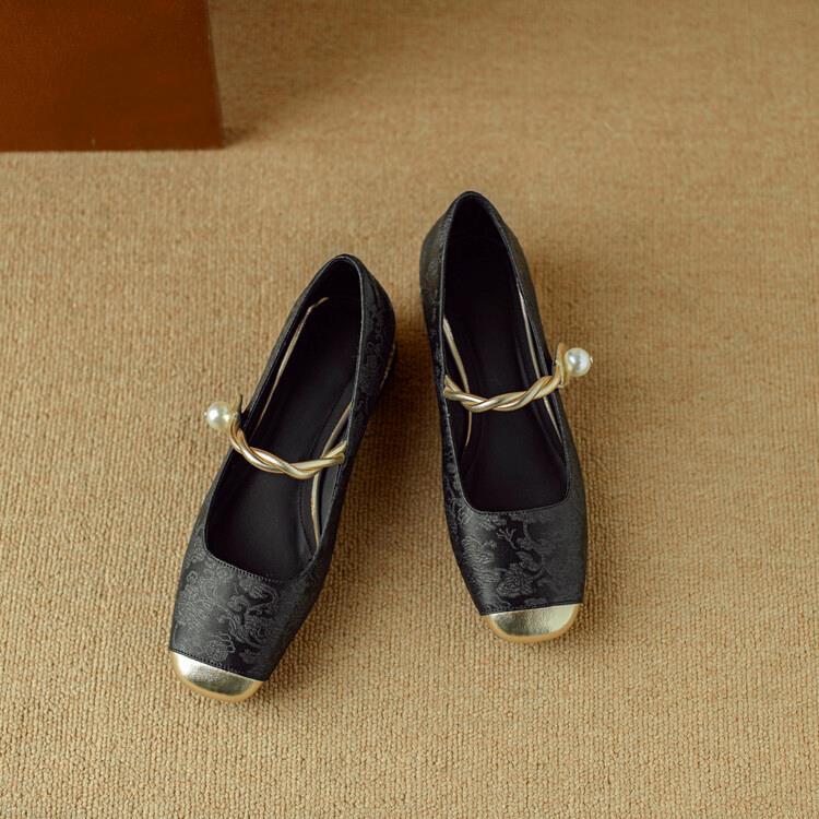 Women's Jacquard Mary Jane Pumps – Pearl Strap Crystal Square Heel