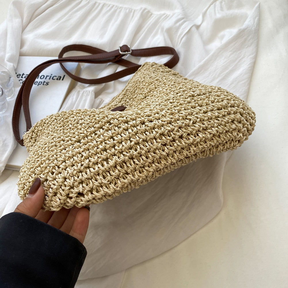 Bohemian Knit Tote Bag – Chunky Mesh & Vegan Leather Strap