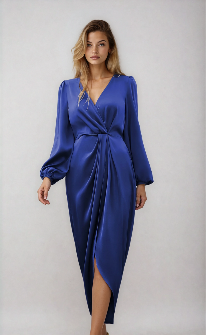 V-Neck Midi Dress Women Waist-Cinching – Fitted Split Hem