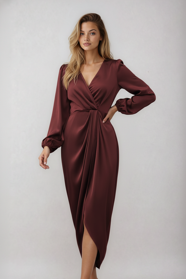 V-Neck Midi Dress Women Waist-Cinching – Fitted Split Hem