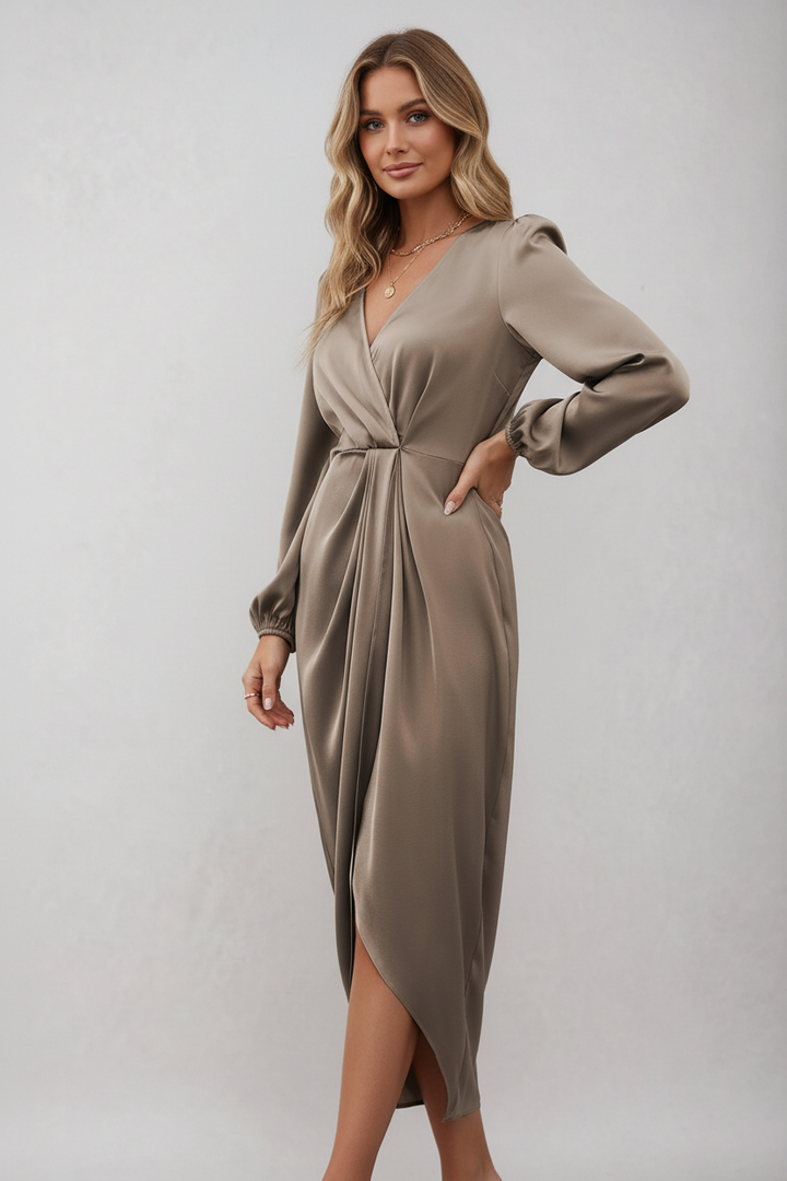V-Neck Midi Dress Women Waist-Cinching – Fitted Split Hem