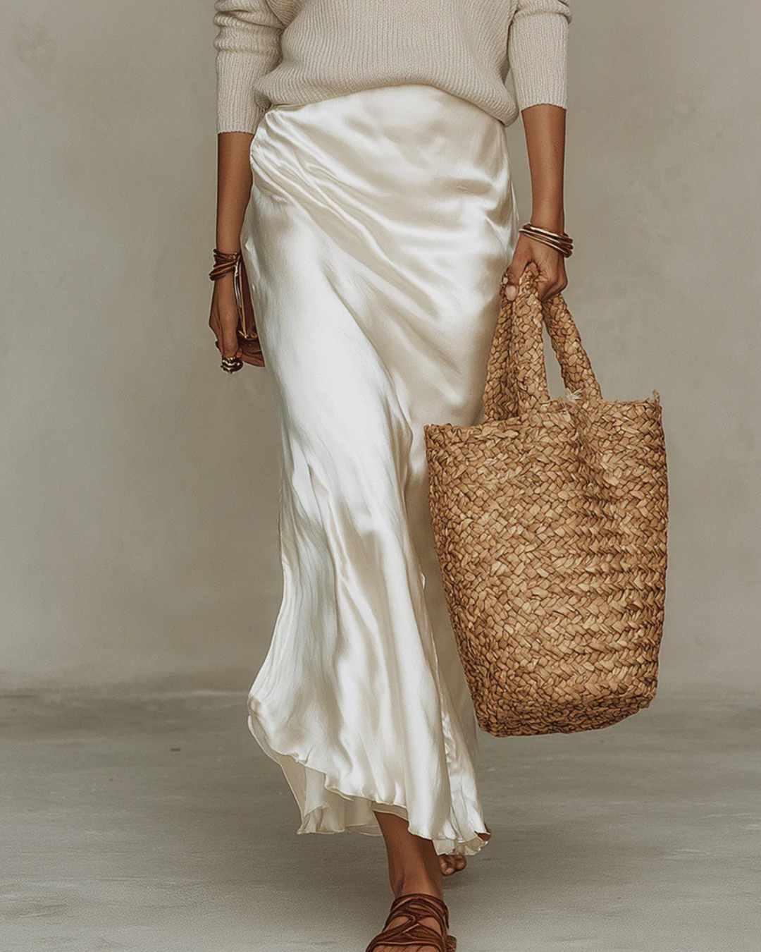 Women's Satin Midi Dress and Knit Sweater Two Piece Set