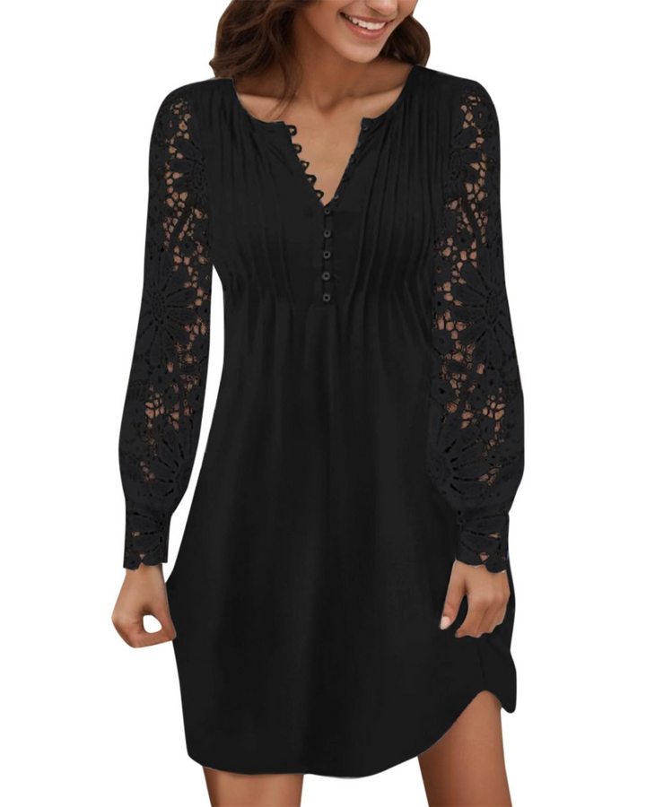 Lace Mini Dress – Women's V-Neck Long Sleeve Fitted Cut