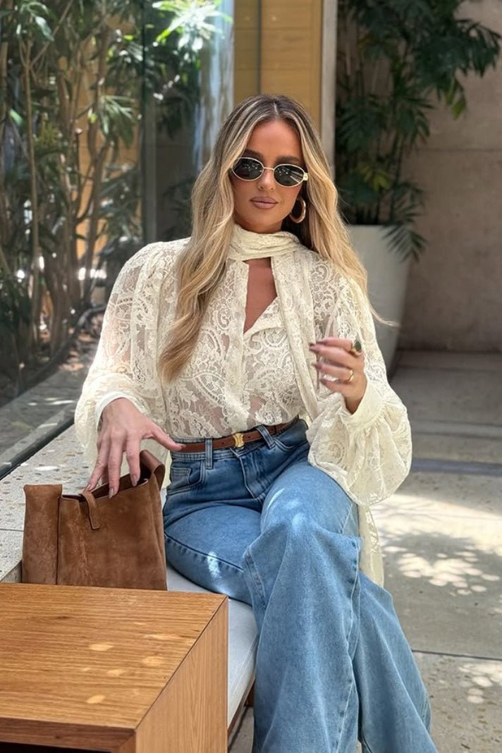 Lace Blouse for Women – Sheer Fabric & Romantic Bow Detail