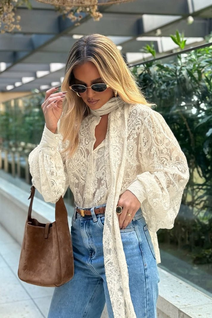 Lace Blouse for Women – Sheer Fabric & Romantic Bow Detail