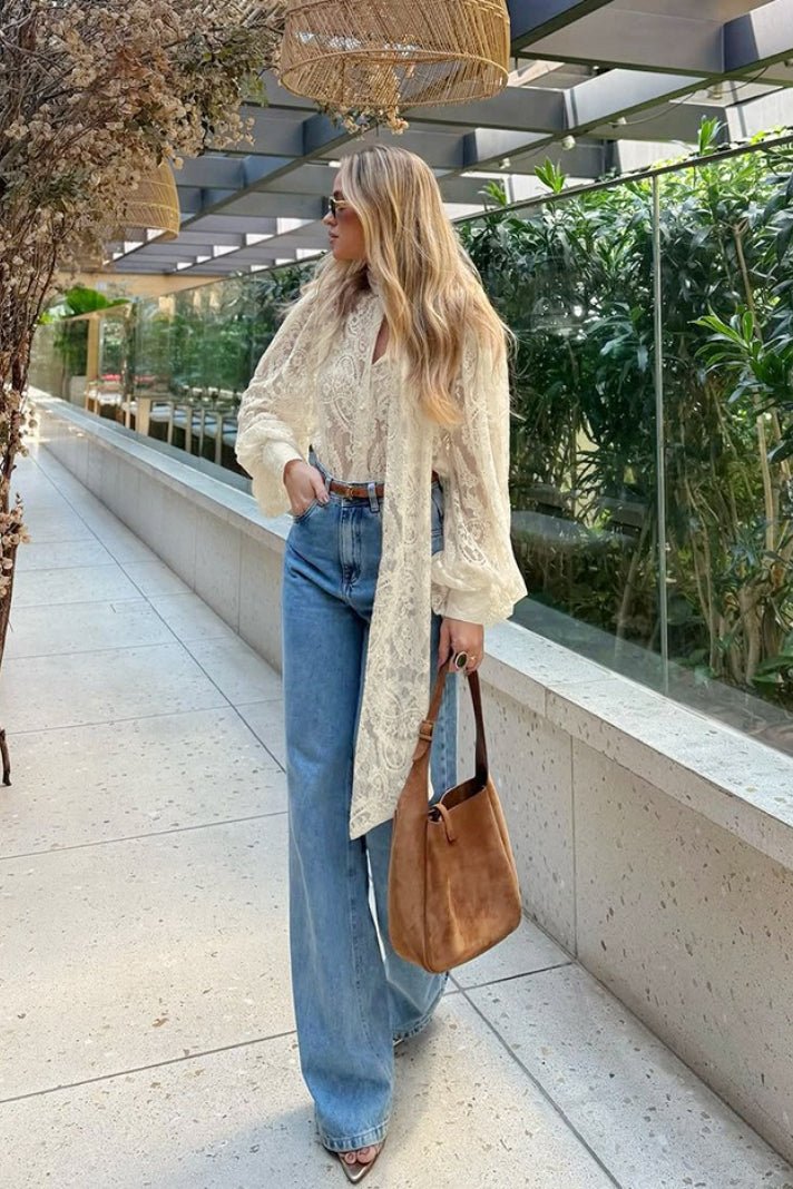 Lace Blouse for Women – Sheer Fabric & Romantic Bow Detail