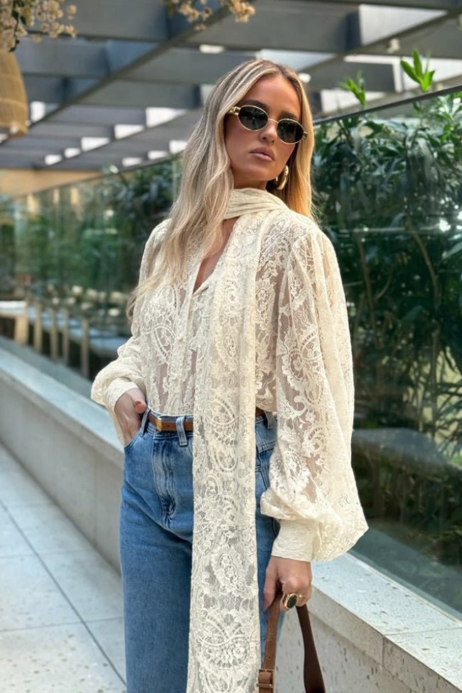 Lace Blouse for Women – Sheer Fabric & Romantic Bow Detail