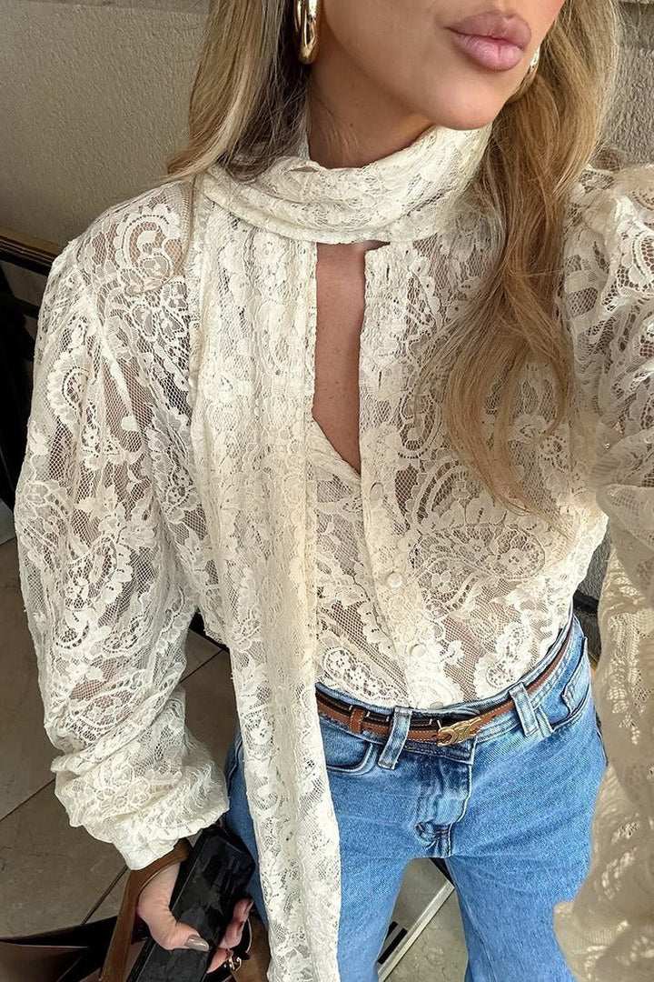 Lace Blouse for Women – Sheer Fabric & Romantic Bow Detail