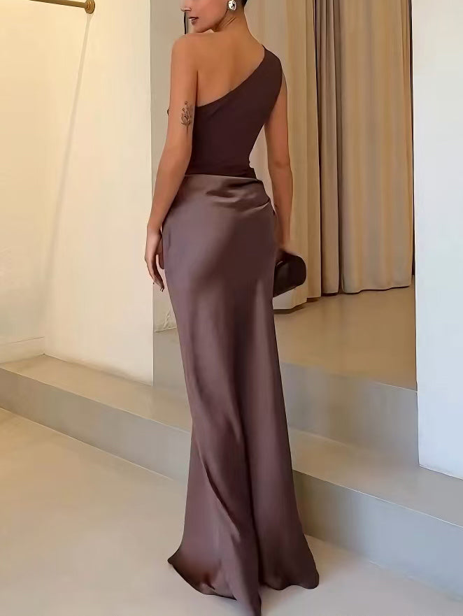 Women's One-Shoulder Pleated Maxi Dress – Structured Formal Gown