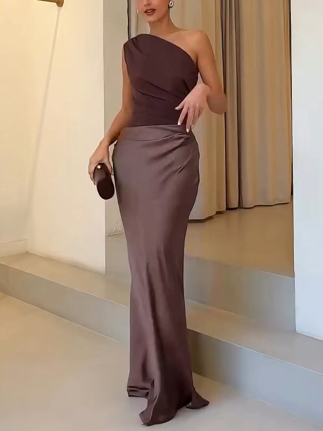 Women's One-Shoulder Pleated Maxi Dress – Structured Formal Gown