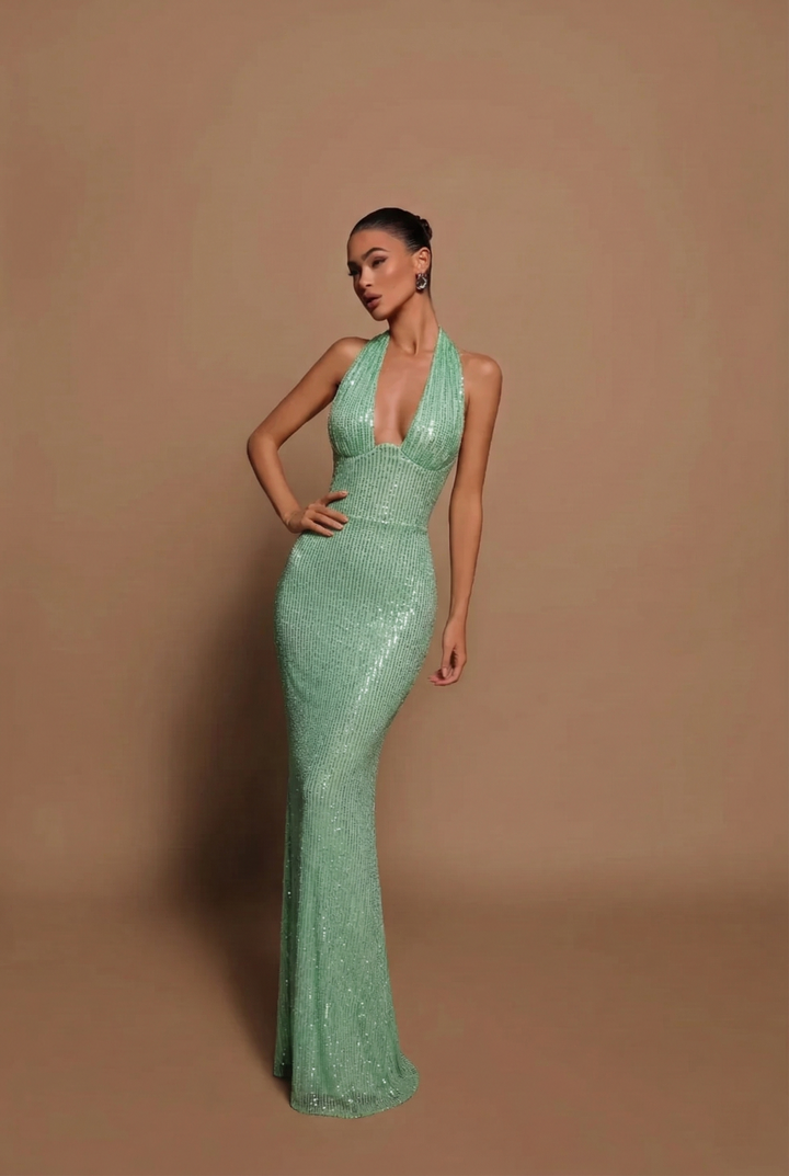 Women's Sequin Halter Neck Maxi Dress – Bodycon Mermaid Hem Open Back