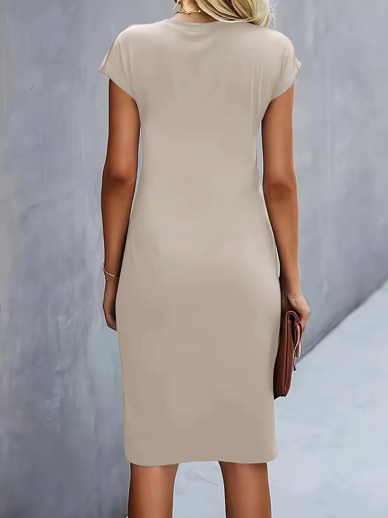 Women's Fitted Midi Dress Soft Breathable – Round Neck Tailored Style
