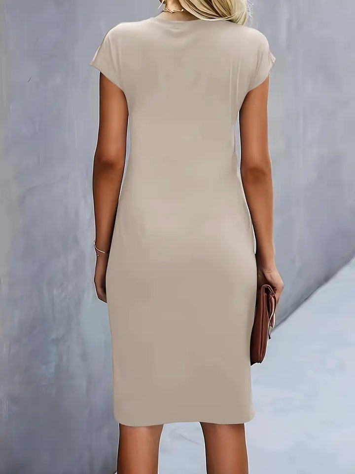 Women's Fitted Midi Dress Soft Breathable – Round Neck Tailored Style