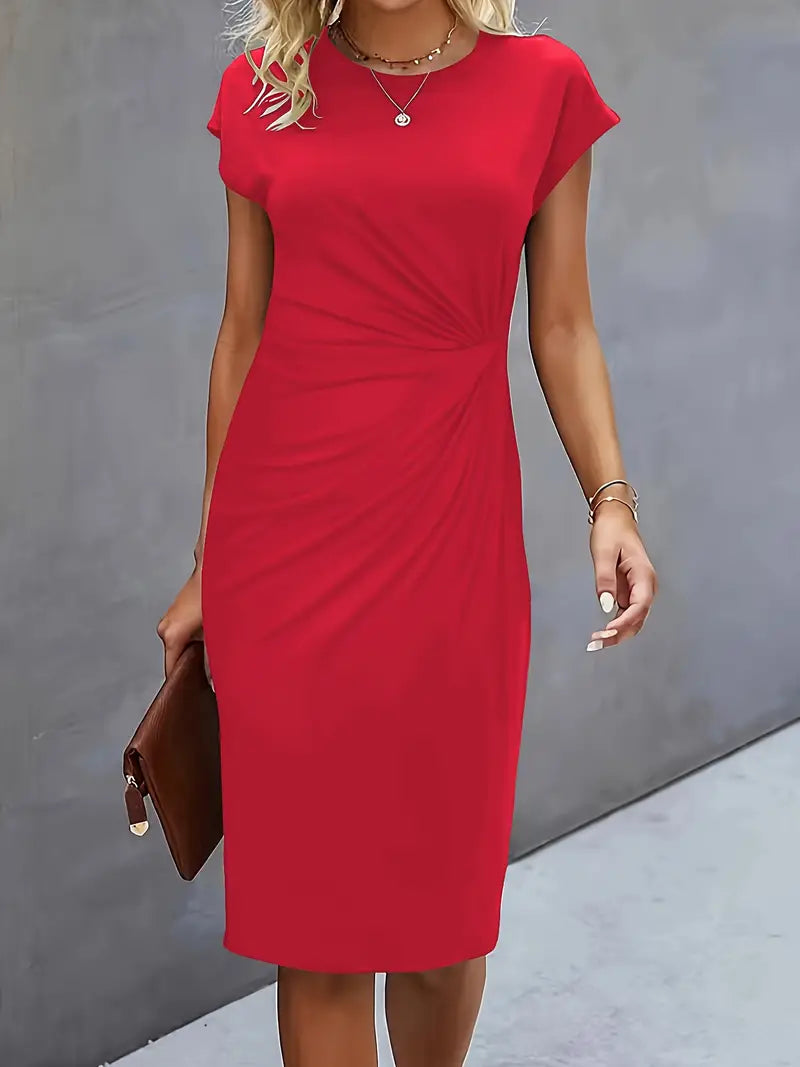 Women's Fitted Midi Dress Soft Breathable – Round Neck Tailored Style
