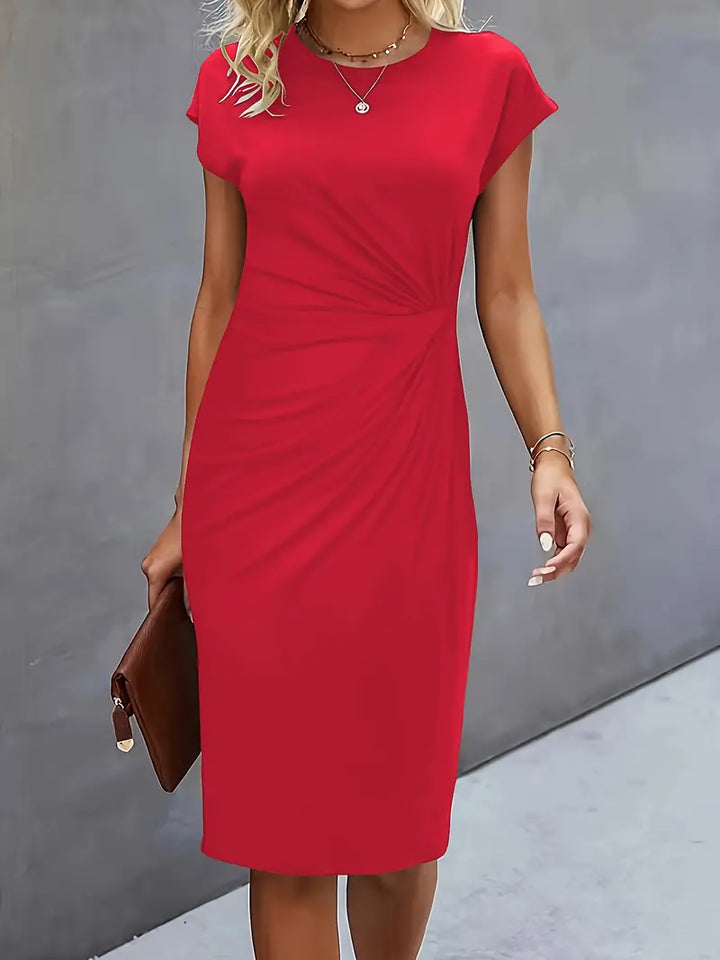 Women's Fitted Midi Dress Soft Breathable – Round Neck Tailored Style