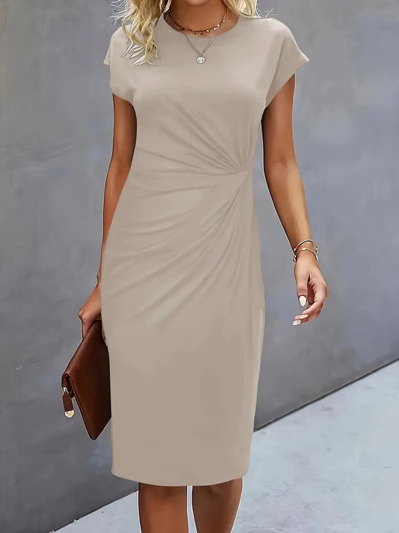Women's Fitted Midi Dress Soft Breathable – Round Neck Tailored Style
