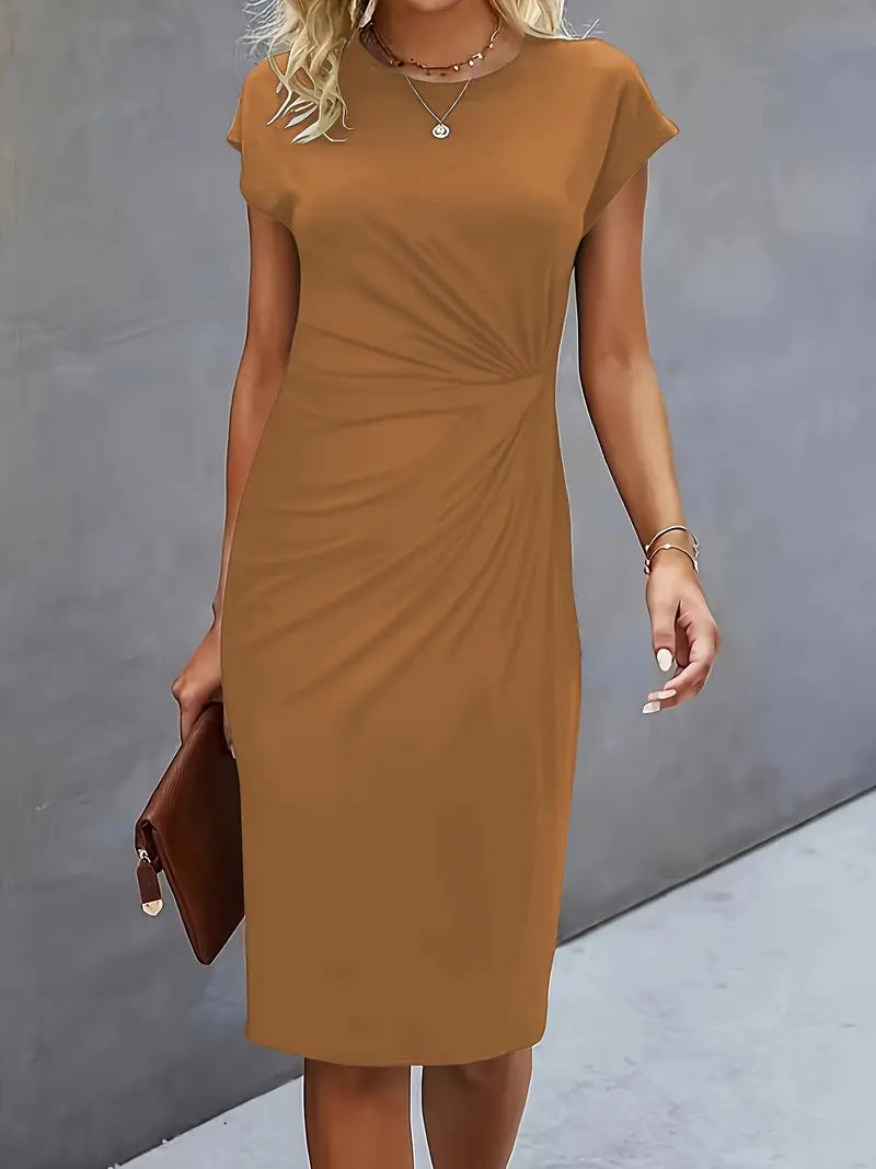 Women's Fitted Midi Dress Soft Breathable – Round Neck Tailored Style