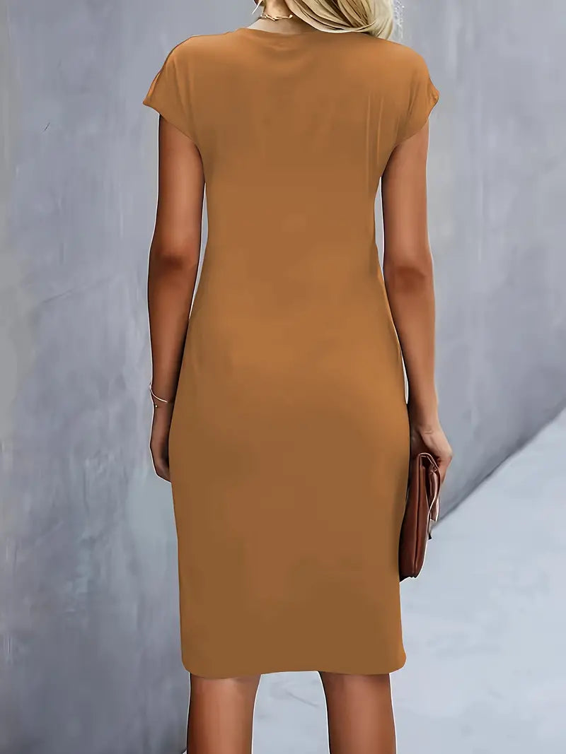 Women's Fitted Midi Dress Soft Breathable – Round Neck Tailored Style
