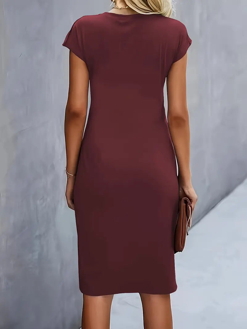 Women's Fitted Midi Dress Soft Breathable – Round Neck Tailored Style