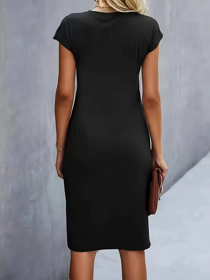 Women's Fitted Midi Dress Soft Breathable – Round Neck Tailored Style