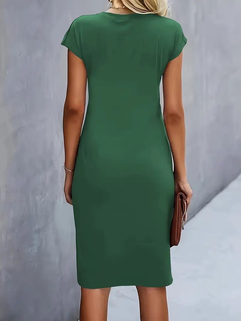 Women's Fitted Midi Dress Soft Breathable – Round Neck Tailored Style